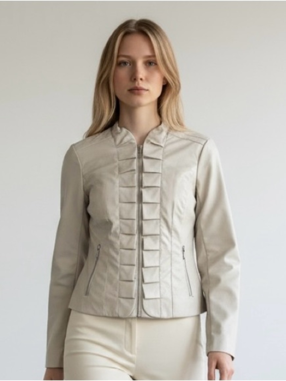 Baccini Faux Leather Jacket Women’s‎ Sz Medium Beige Full Zip Ruffle Front